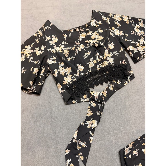 FATE Floral Boho Whimsical Print Crop Top Crotchet Wide Leg Pants Set Black SZ M - Picture 2 of 15